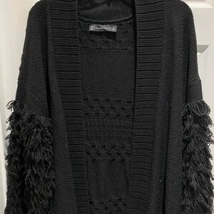 New York & Company‎ Black Fringe Sleeve Open Front Cardigan Sweater Size L